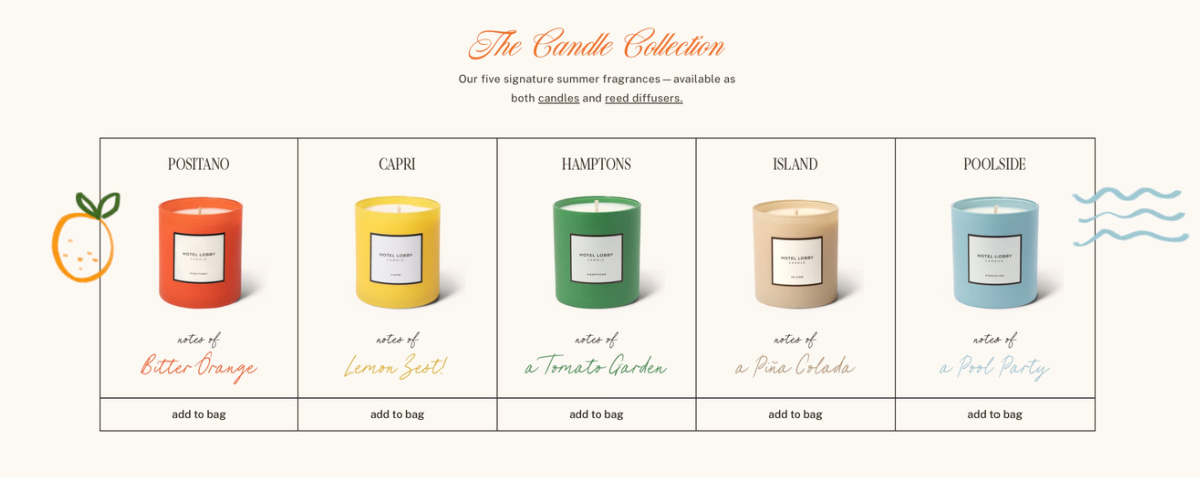 Hotel Lobby Candles Summer Collection.
